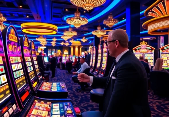 Player thrilling lights on slots777 machines in a vibrant casino.