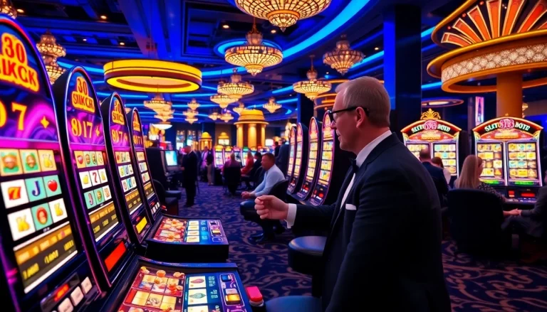 Player thrilling lights on slots777 machines in a vibrant casino.