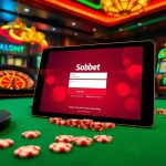 Engaging Sbobet login indonesia interface amidst roulette wheels and casino chips at a vibrant casino.