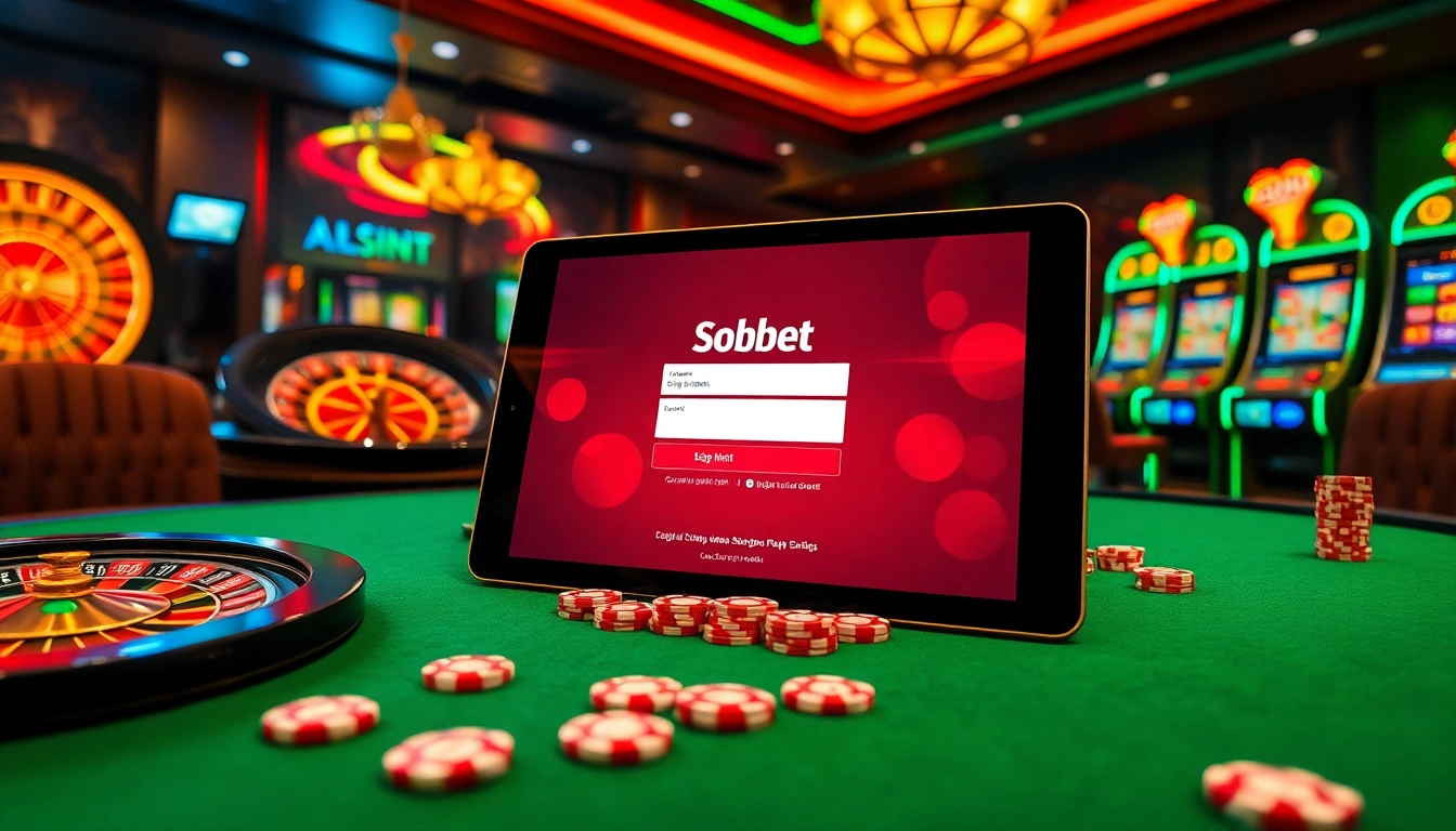 Engaging Sbobet login indonesia interface amidst roulette wheels and casino chips at a vibrant casino.
