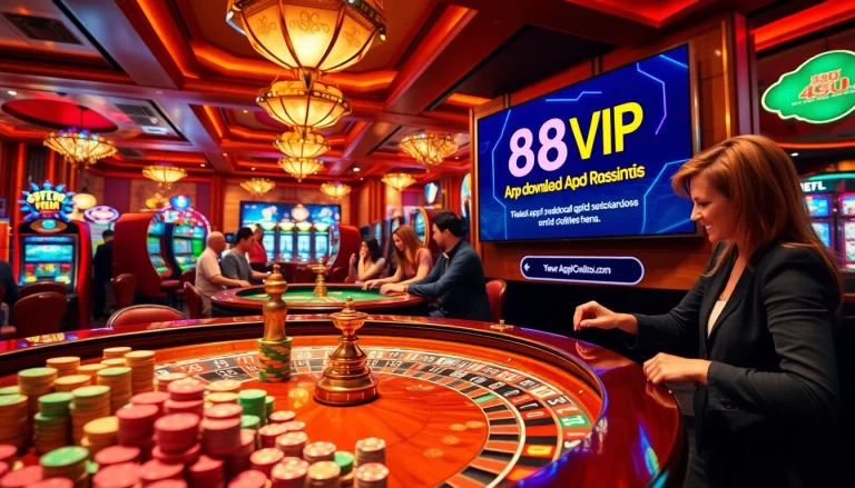 Gamblers enjoying a thrilling game at a casino table promoting https://68vip.trade/ with vibrant colors and excitement.